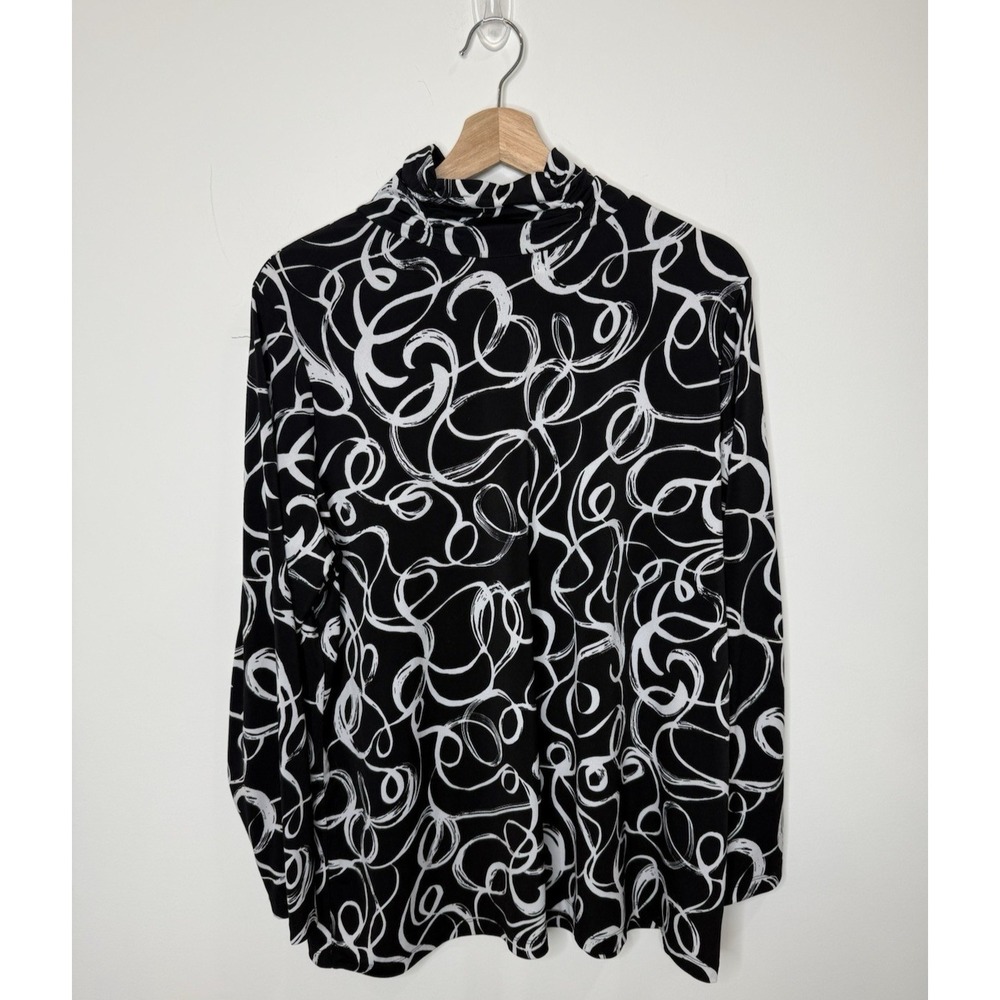 Susan Graver 2X Liquid Knit Top Ribbon Black White Print Mock Neck Stretch Art